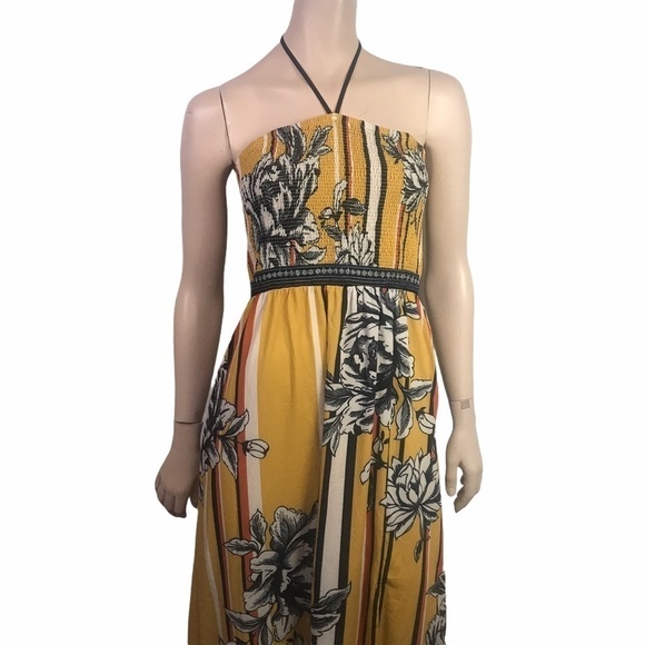 Jealous Tomato Yellow Floral Multicoloured Graphic Smocked Halter Maxi D… - Picture 3 of 16